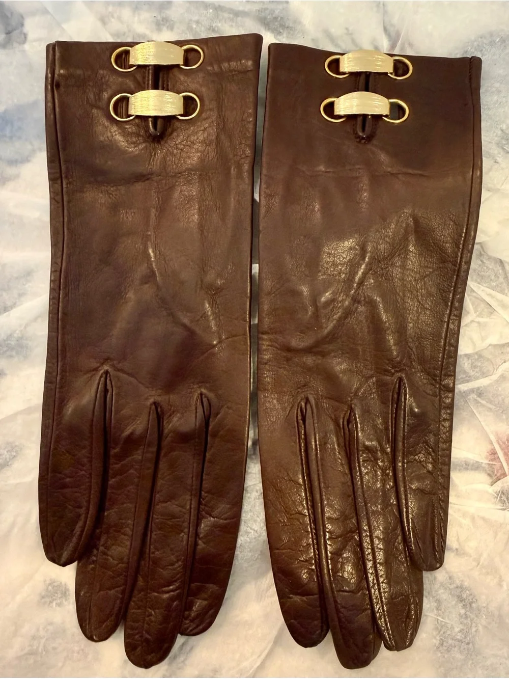 Classic Brown Leather Long Gloves with Gold Hardware
